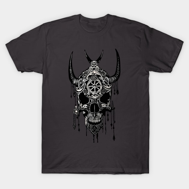 Tribal Tattoo Bulls Skull T-Shirt by Obotan Mmienu